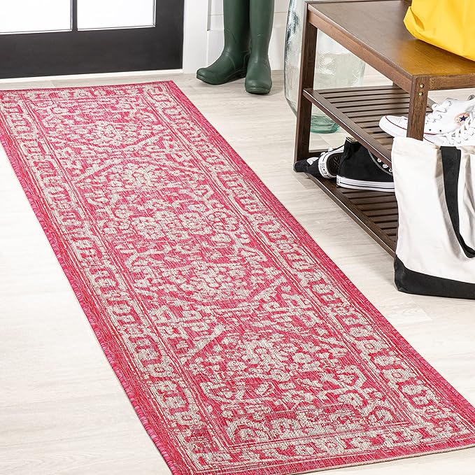 JONATHAN Y Boho Medallion Indoor Outdoor Runner Rug 2X10 Fuchsia/Light Gray, Malta Textured Weave for Backyard, Patio, Porch, Easy-Cleaning, High Traffic, Pet-Friendly, Non-Shedding (SMB104E-210)