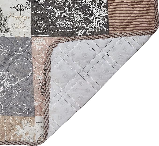 Brilliant Sunshine Quilted Calming Dog Bed Mat, Removable Washable Cover, Cushion Protector and Couch Covers for Dogs, Pets, Cats, Small, Latte Grey Paris and Toile Floral Patchwork
