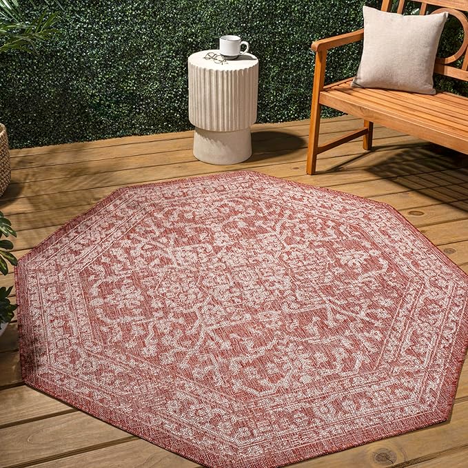 JONATHAN Y Boho Medallion Indoor Outdoor Octagon Area Rug 8 Ft Red/Taupe, Malta Textured Weave for Backyard, Patio, Porch, Easy-Cleaning, High Traffic, Pet-Friendly, Non-Shedding (SMB104A-8TGN)