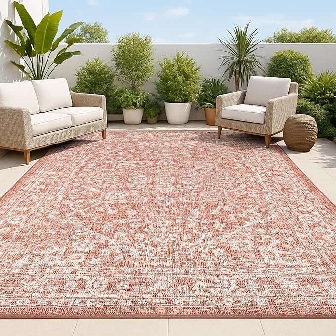 JONATHAN Y Boho Medallion Indoor Outdoor Area Rug 6X9 Red/Taupe, Malta Textured Weave for Backyard, Patio, Porch, Easy-Cleaning, High Traffic, Pet-Friendly, Non-Shedding (SMB104A-6)