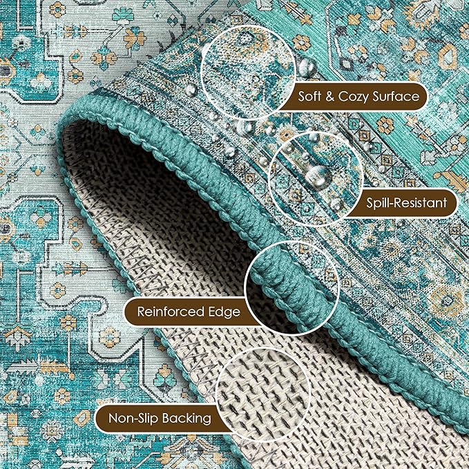 Washable Area Rug 2'6'' x 8' Vintage Traditional Persian Mat - Foldable Distressed Non-Slip Machine Washable Carpet for Living Room Bedroom Kitchen Home Decor - Teal and Gold