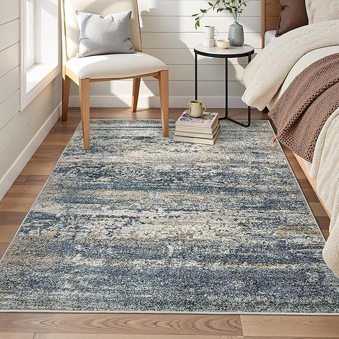 Art&Tuft Washable Rug, Anti-Slip Backing Abstract 4x6 Rug, Stain Resistant Rugs for Living Room, Foldable Machine Washable Area Rug (TPR19-Navy, 4'x6')