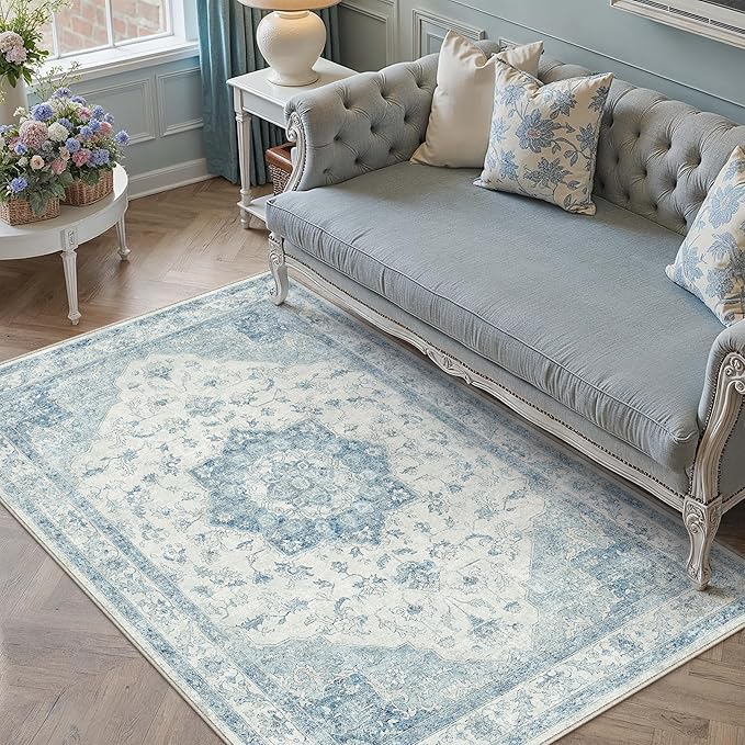Blue Area Rug 3x5 Washable Vintage Carpet for Entryway Office Soft Retro Kitchen Low Pile Thin Door Mat Non Slip Oriental Medallion Throw Rug for Bathroom Bedroom Dining Living Room