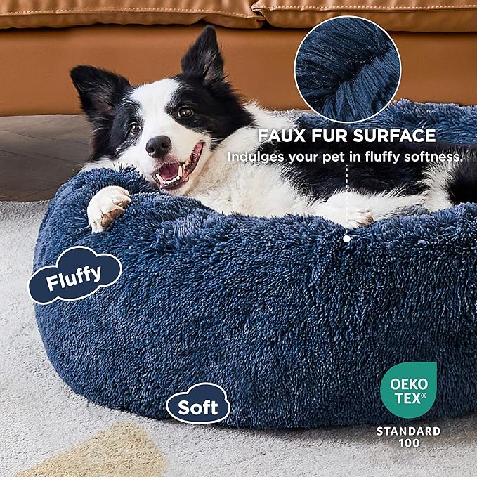 Bedsure Calming Dog Bed for Large Dogs - Donut Washable Large Pet Bed, 36 inches Anti Anxiety Round Fluffy Plush Faux Fur Dog Bed, Fits up to 80 lbs Pets, Navy
