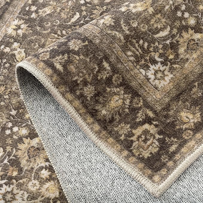 HUGEAR 2x12 Runner Rug Machine Washable Brown Hallway Area Rug Indoor Accent Rug Floral Low Pile Carpet Soft Throw Rug Bedroom Living Room Office Dining Room Kitchen Laundry Room Non Slip