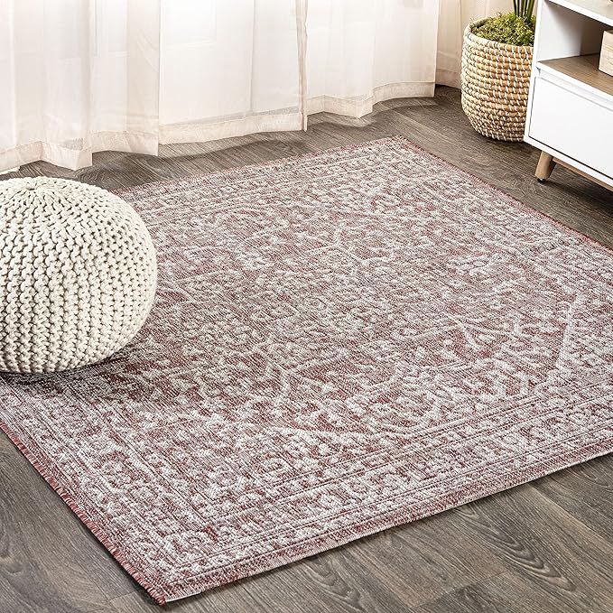 JONATHAN Y Boho Medallion Indoor Outdoor Square Area Rug 4X4 Red/Taupe, Malta Textured Weave for Backyard, Patio, Porch, Easy-Cleaning, High Traffic, Pet-Friendly, Non-Shedding (SMB104A-4SQ)