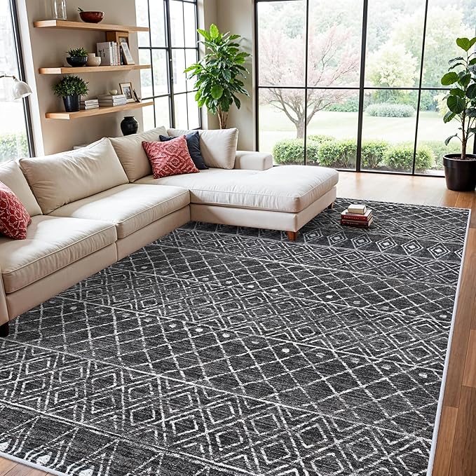 8x10 Rug for Living Room - Washable Area Rugs Modern Moroccan Area Rug Large Low Pile Carpets for Bedroom Soft Indoor Home Thin Area Rug for Dining Room Office 8x10 Black