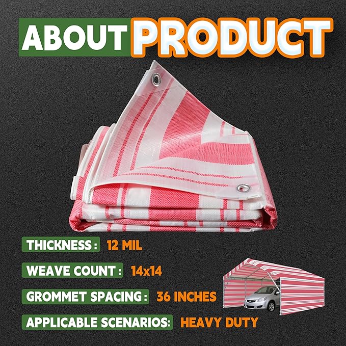 RAINDEWAY Tarps 4x8 Feet,12 Mil Sunshade Striped Tarp Waterproof,Multipurpose Poly Tarp Cover with Grommets and Reinforced Edges,Red/White Tarps
