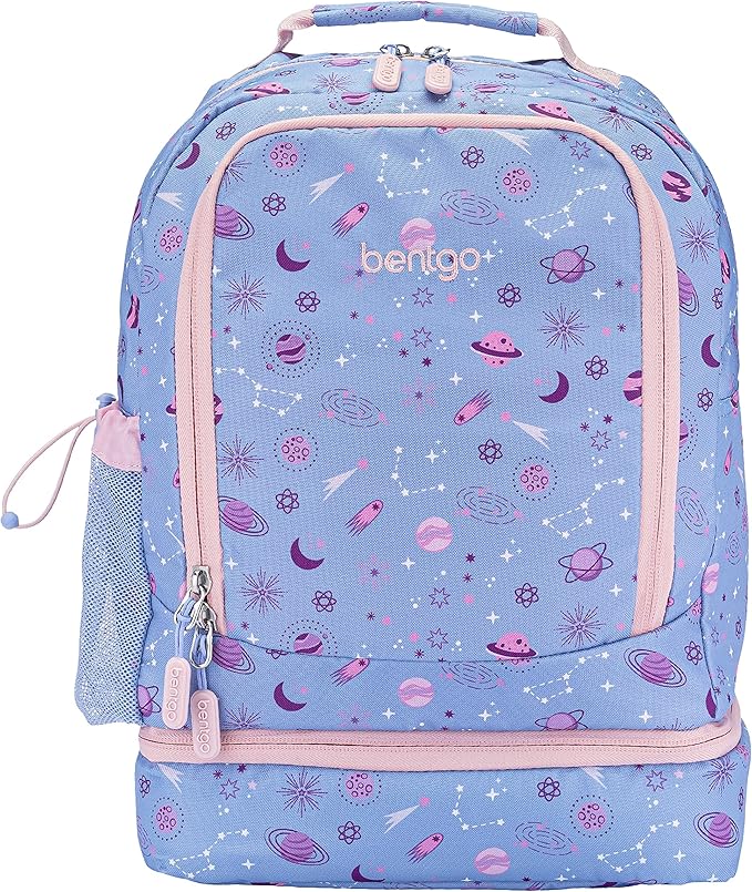 Bentgo Kids 2-in-1 Backpack & Insulated Lunch Bag - Durable 16” Backpack & Lunch Container in Unique Prints for School & Travel - Water Resistant, Padded & Large Compartments (Lavender Galaxy)
