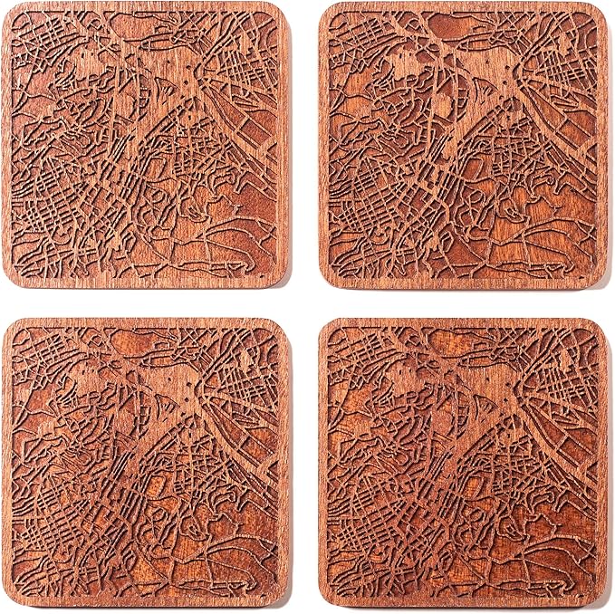 Stuttgart Map Coaster by O3 Design Studio, Set Of 4, Sapele Wooden Coaster With City Map, Handmade