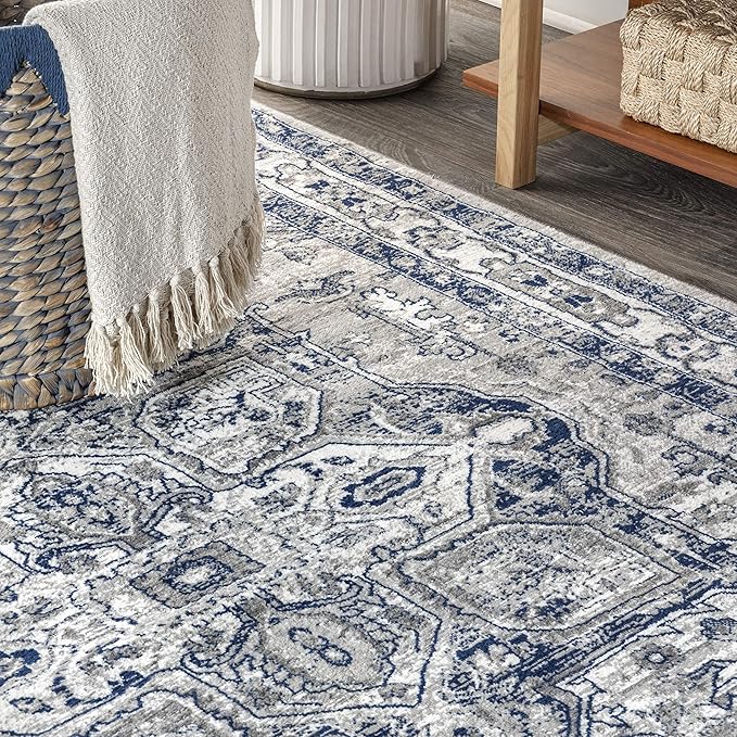 JONATHAN Y Modern Vintage Medallion Light Gray/Navy 8' Round Indoor Area Rug, Country, Floral, Easy-Cleaning for Living Room, Bedroom, Kitchen, Pet Friendly, Non-Shedding (MDP106B-8R)