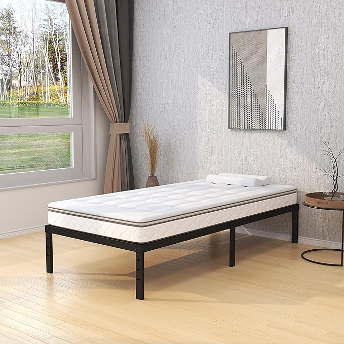 16 Inch Twin Bed Frames No Box Spring Need, Metal Platform Bed Frame Twin Size Heavy Duty Mattress Foundation with 14 Inch Storage, Eassy Assembly 2,500 lbs Steel Slats Support, Black
