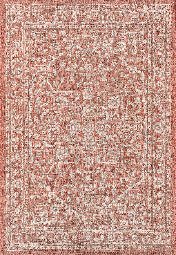 JONATHAN Y Boho Medallion Indoor Outdoor Area Rug 6X9 Red/Taupe, Malta Textured Weave for Backyard, Patio, Porch, Easy-Cleaning, High Traffic, Pet-Friendly, Non-Shedding (SMB104A-6)