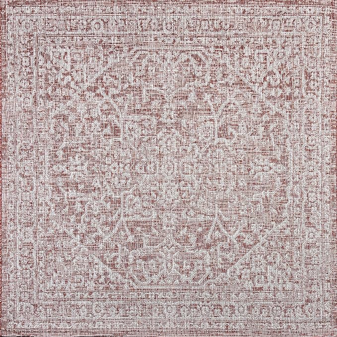 JONATHAN Y Boho Medallion Indoor Outdoor Square Area Rug 4X4 Red/Taupe, Malta Textured Weave for Backyard, Patio, Porch, Easy-Cleaning, High Traffic, Pet-Friendly, Non-Shedding (SMB104A-4SQ)