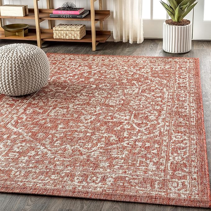 JONATHAN Y Boho Medallion Indoor Outdoor Area Rug 9X12 Red/Taupe, Malta Textured Weave for Backyard, Patio, Porch, Easy-Cleaning, High Traffic, Pet-Friendly, Non-Shedding (SMB104A-9)