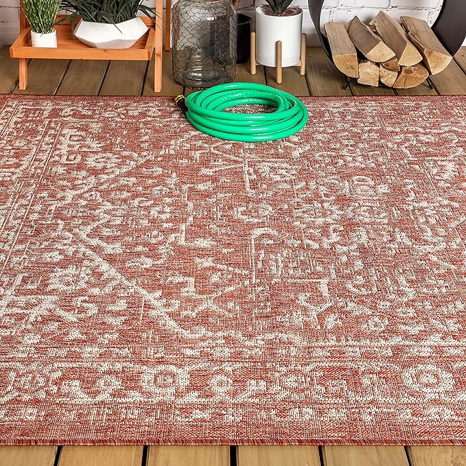 JONATHAN Y Boho Medallion Indoor Outdoor Area Rug 9X12 Red/Taupe, Malta Textured Weave for Backyard, Patio, Porch, Easy-Cleaning, High Traffic, Pet-Friendly, Non-Shedding (SMB104A-9)